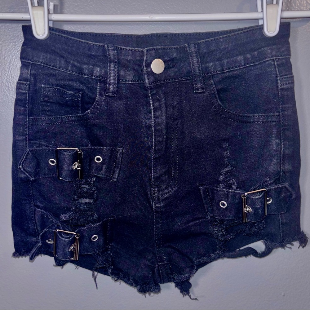 SHEIN Black Jean Shorts with Distressed Hem